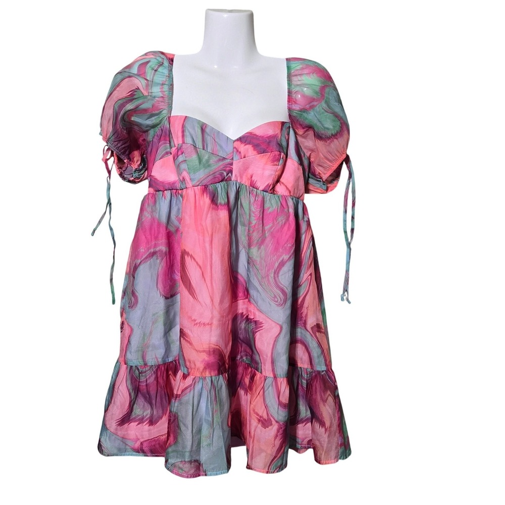 Amanda Richardson Pink Floral Babydoll Dress L Puff Sleeve Tie Front CottageCore - Picture 3 of 13